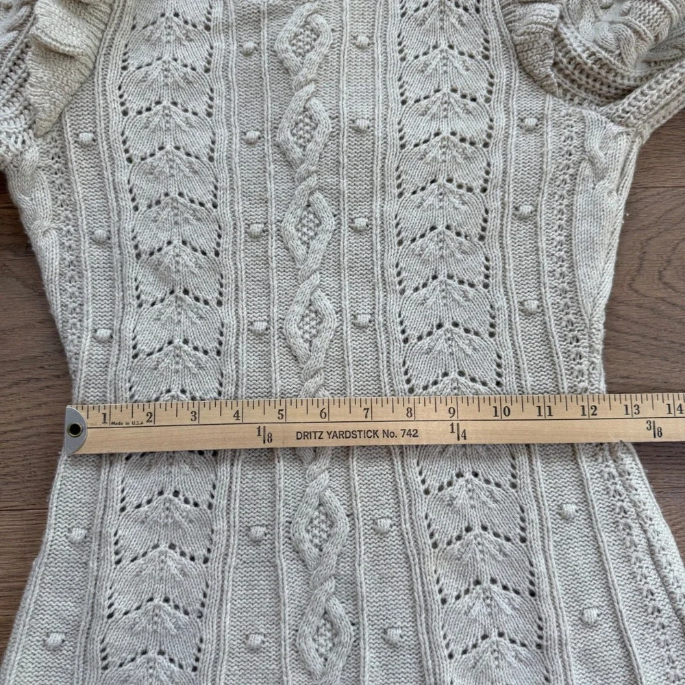 LoveShackFancy Zeke Womens Oatmeal Cable Knit Ruffle Mini Sweater Dress XS Cream - Picture 9 of 12
